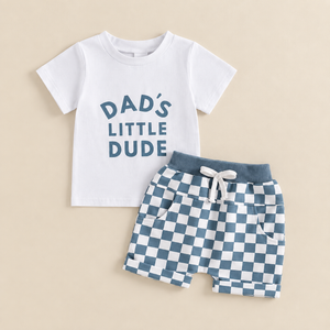 Dad's Little Dude shirt and matching checked shorts, full front studio image