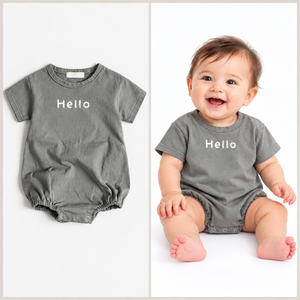 Gray Hello romper laid flat and model view in a two panel frame