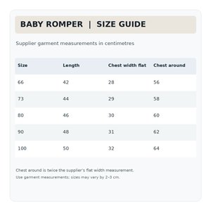 Supplier measurements for Hello romper, sizes 66 to 100 centimetres