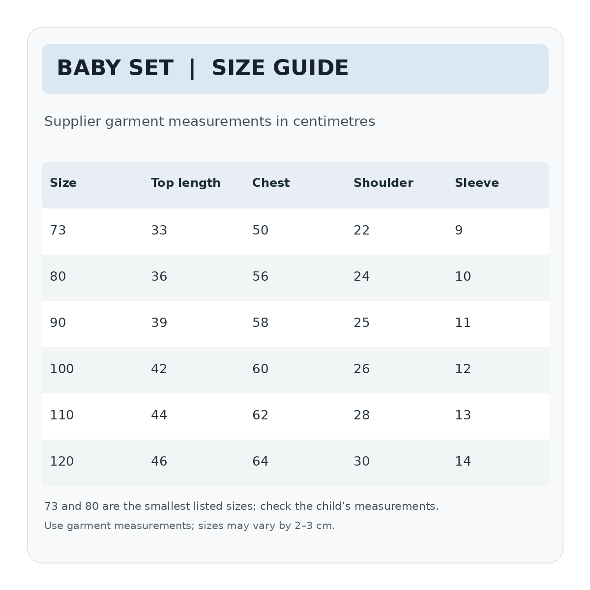 Supplier size chart for owl baby T-shirt and shorts, 73 to 120 centimetres