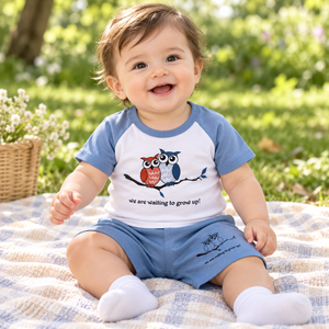 Baby wearing the owl outfit outdoors on a spring day