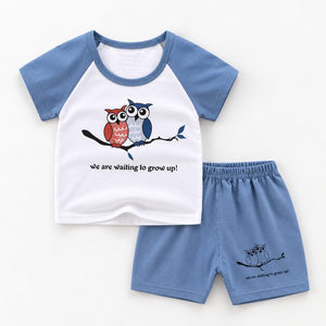 Front view of blue and white owl T-shirt and shorts set in studio