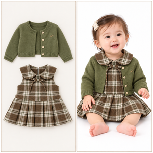 Two-piece plaid dress and green cardigan shown separately and worn together