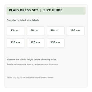 Supplier listed size labels for plaid dress and cardigan set