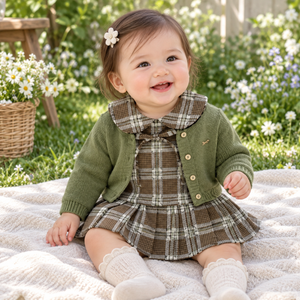 Baby in plaid dress and green cardigan on a shaded spring day