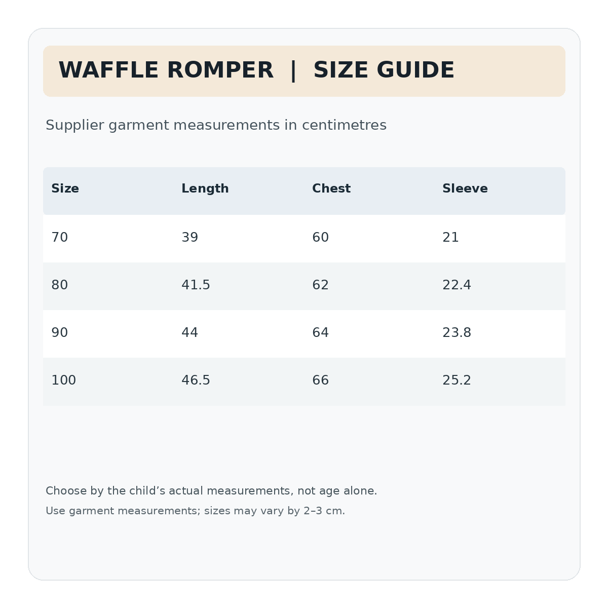 Supplier size chart for sun print waffle romper in centimetres