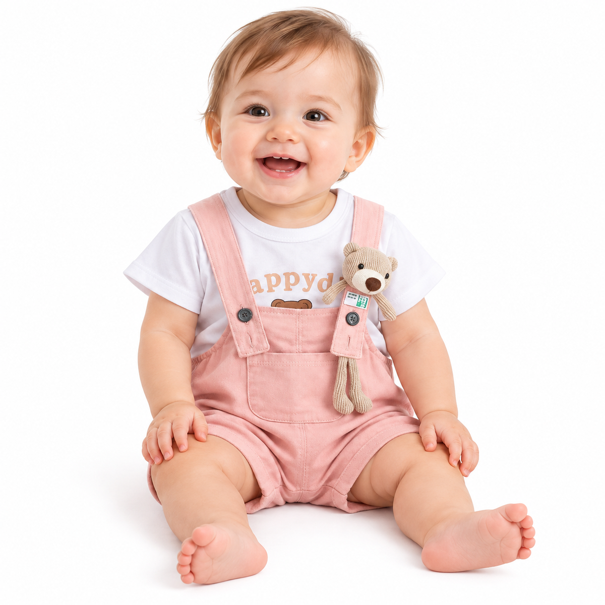 Infant in pink suspender shorts and white printed T-shirt on clean white background