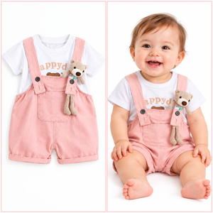 Framed detail and full outfit view of pink baby suspender set