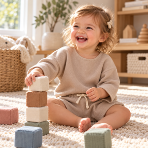 Toddler laughing while playing in Apricot waffle set