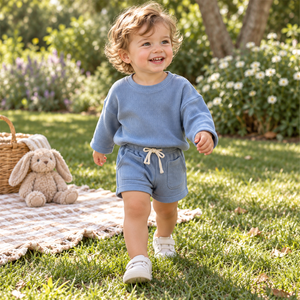 Toddler enjoying garden play in Blue waffle set