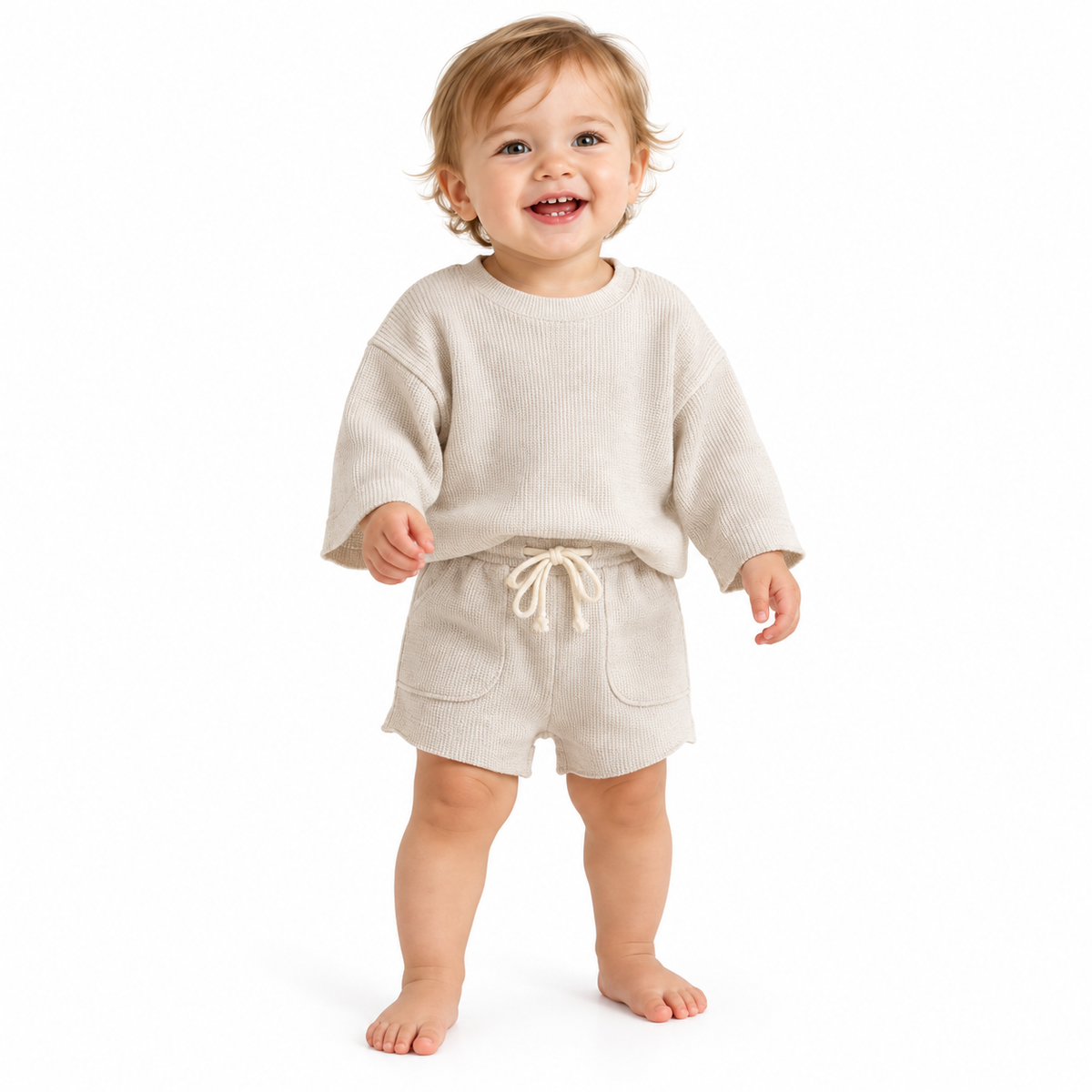 Apricot waffle two-piece on baby against clean white background