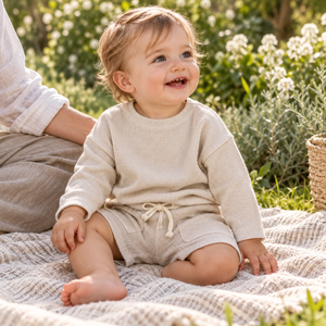Baby wearing apricot waffle two-piece outdoors in spring