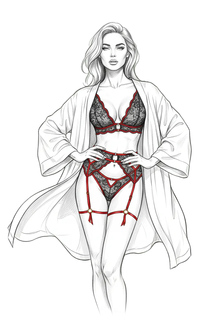 Lace Split Detail Lingerie Set — Black & Red 3-Piece