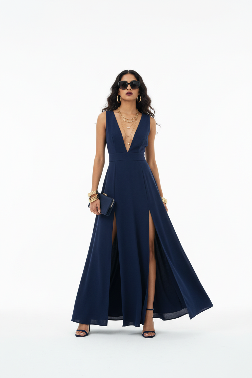 Double Split Deep V-Neck Maxi Dress