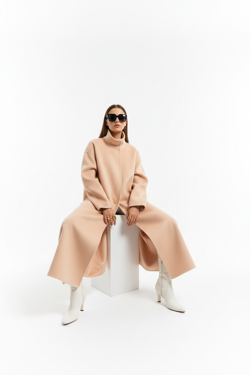 Oversized Turtleneck Wool Coat – Wide Seamless White