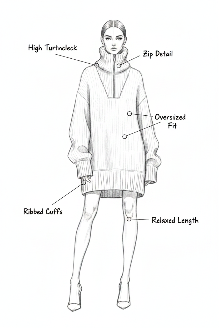 Oversized Zip Turtleneck Sweater - Feature Sketch