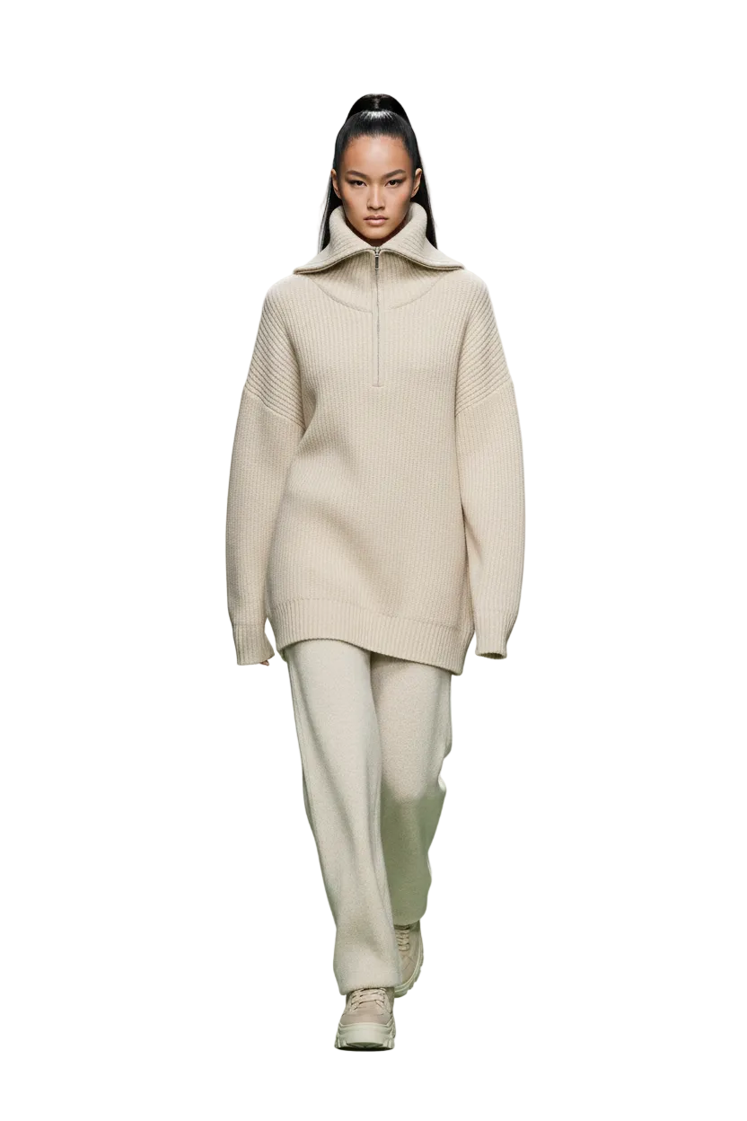 Oversized Zip Turtleneck Sweater — Relaxed Knit Pullover