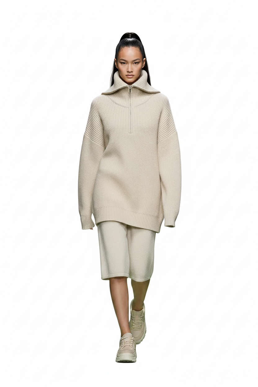 Oversized Zip Turtleneck Sweater — Relaxed Knit Pullover