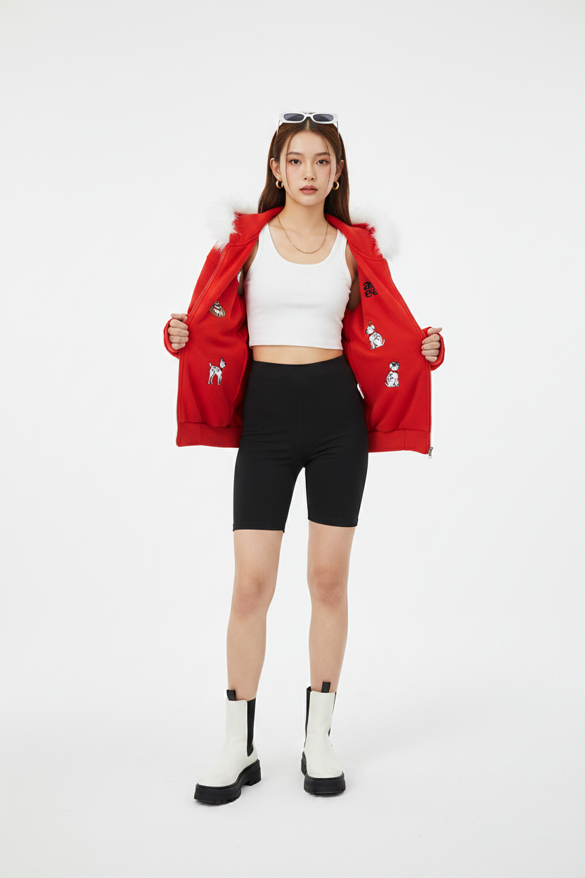 Red Puppy Hoodie – Open, Crop Top Under, Platform Boots