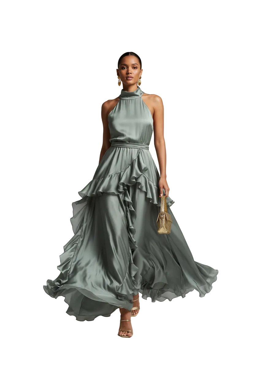 Cascading Ruffle Pleated Maxi Dress — Sleeveless Lace-Up A-Line