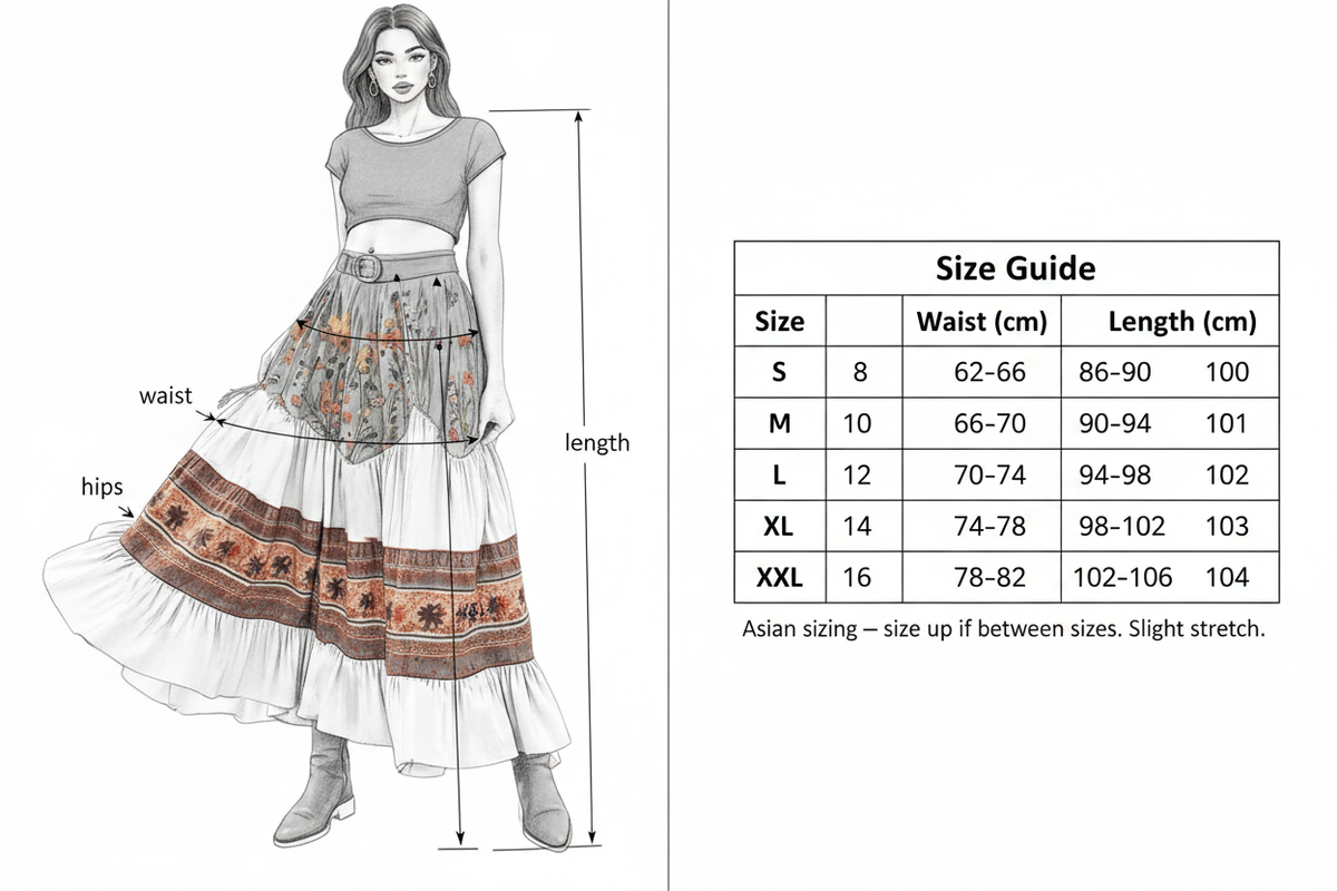 Size Guide – Bohemian Patchwork Maxi Skirt