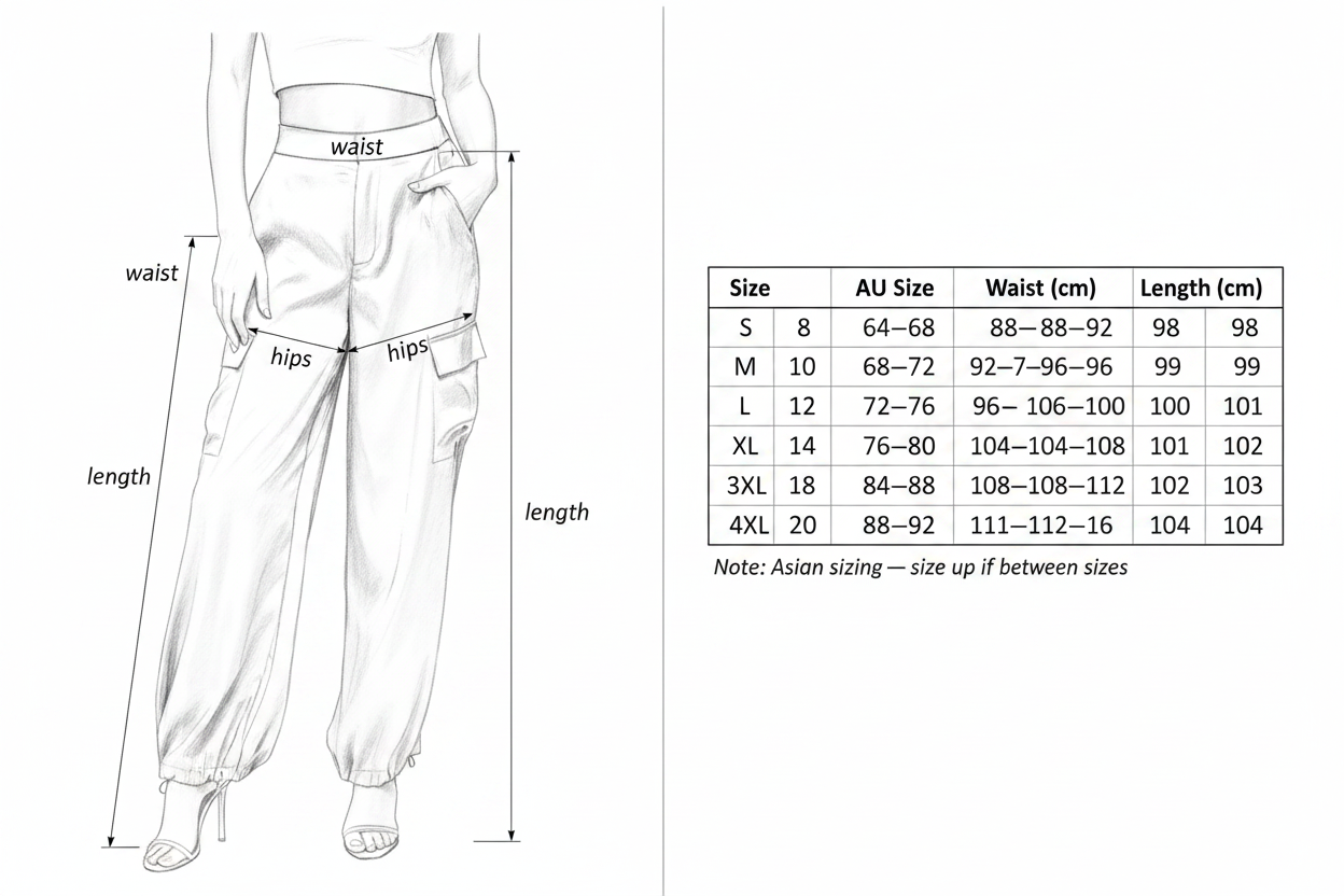 Size Guide – Satin Cargo Pants