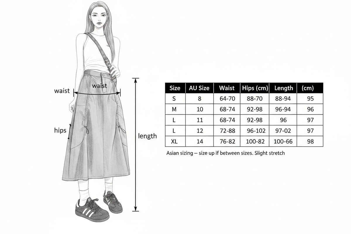 Size Guide – Utility Cargo Midi Skirt