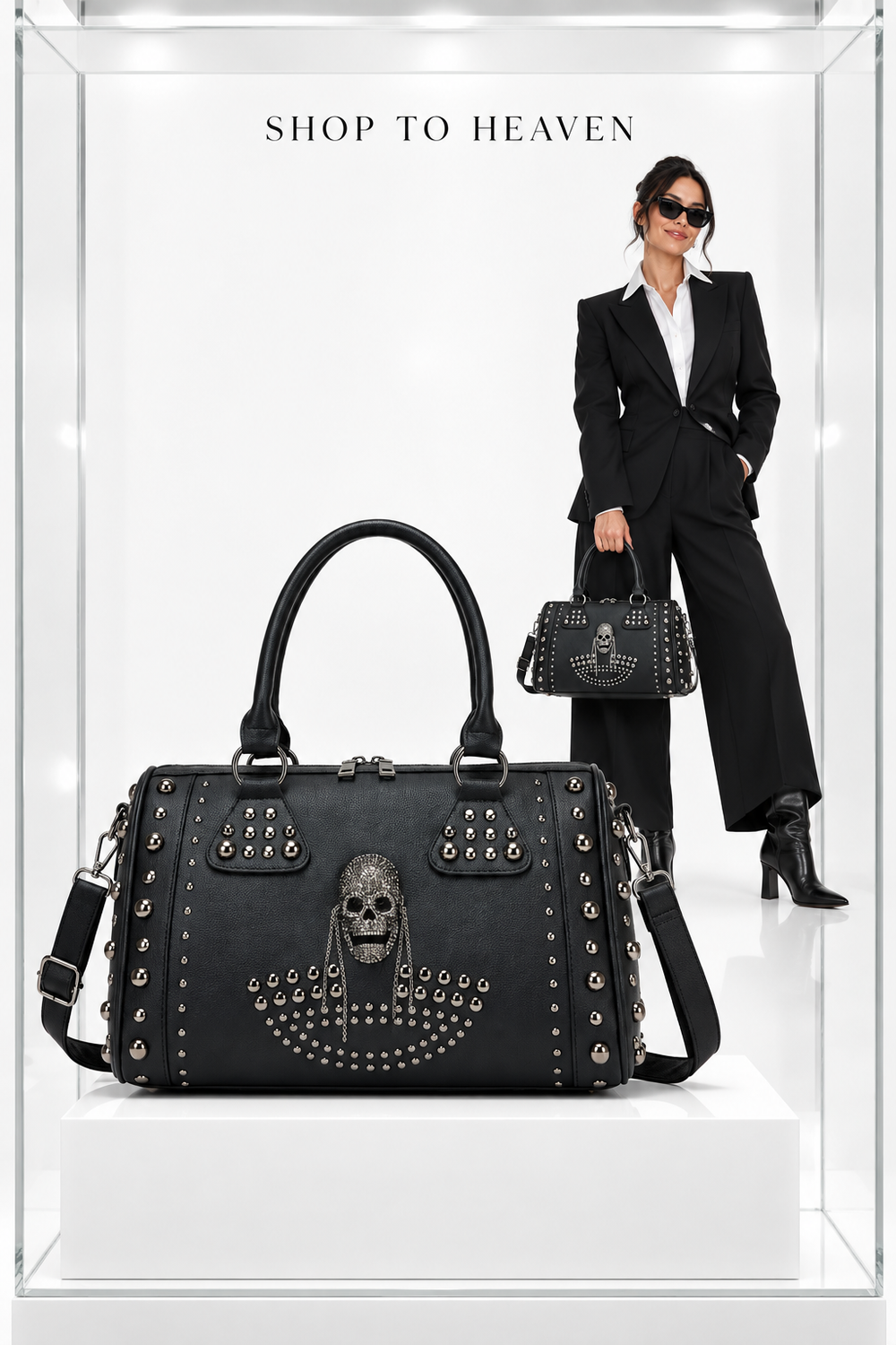 Gothic Rhinestone Skull Studded Handbag with Detachable Strap — Black