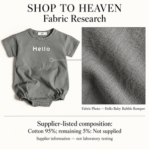 Fabric Research — Hello Short-Sleeve Baby Bubble Romper | 66–100 cm; supplier information, not laboratory testing