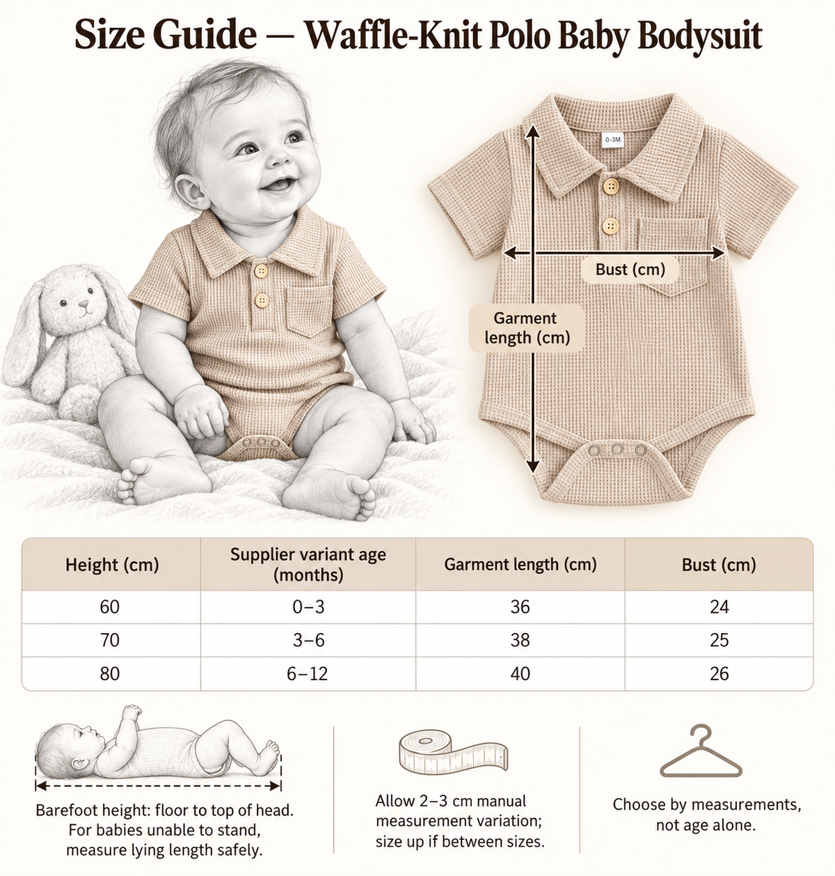 Size Guide — Waffle-Knit Polo Baby Bodysuit | Five Colours | 0–12 months; supplier measurements in cm, ages in months