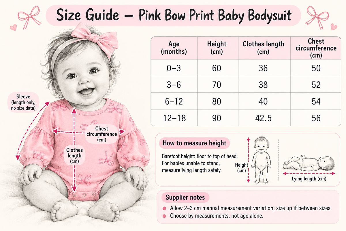 Size Guide — Pink Bow Print Long-Sleeve Baby Bodysuit | 0–18 months; supplier measurements in cm, ages in months