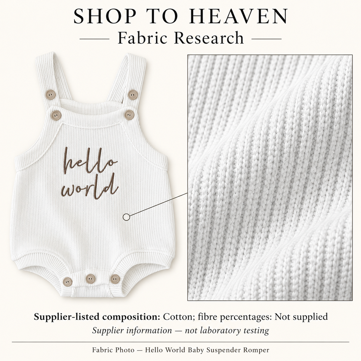 Fabric Research — Hello World Embroidered Baby Suspender Romper | 1–18 months; supplier information, not laboratory testing