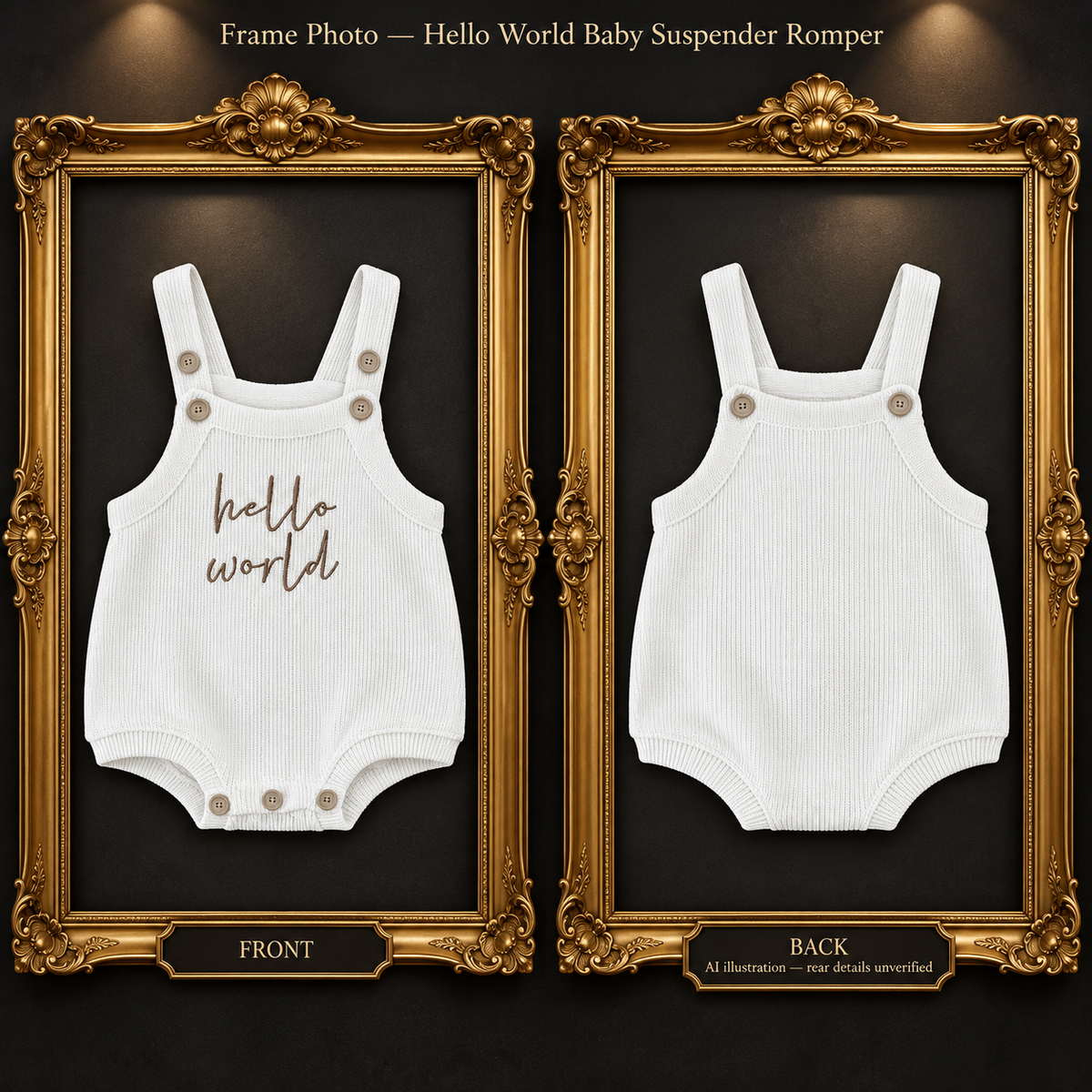 Front and back frame — Hello World Embroidered Baby Suspender Romper | 1–18 months