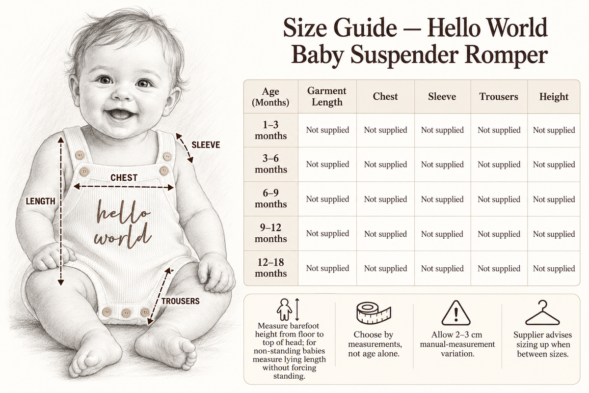 Size Guide — cm and months — Hello World Embroidered Baby Suspender Romper | 1–18 months