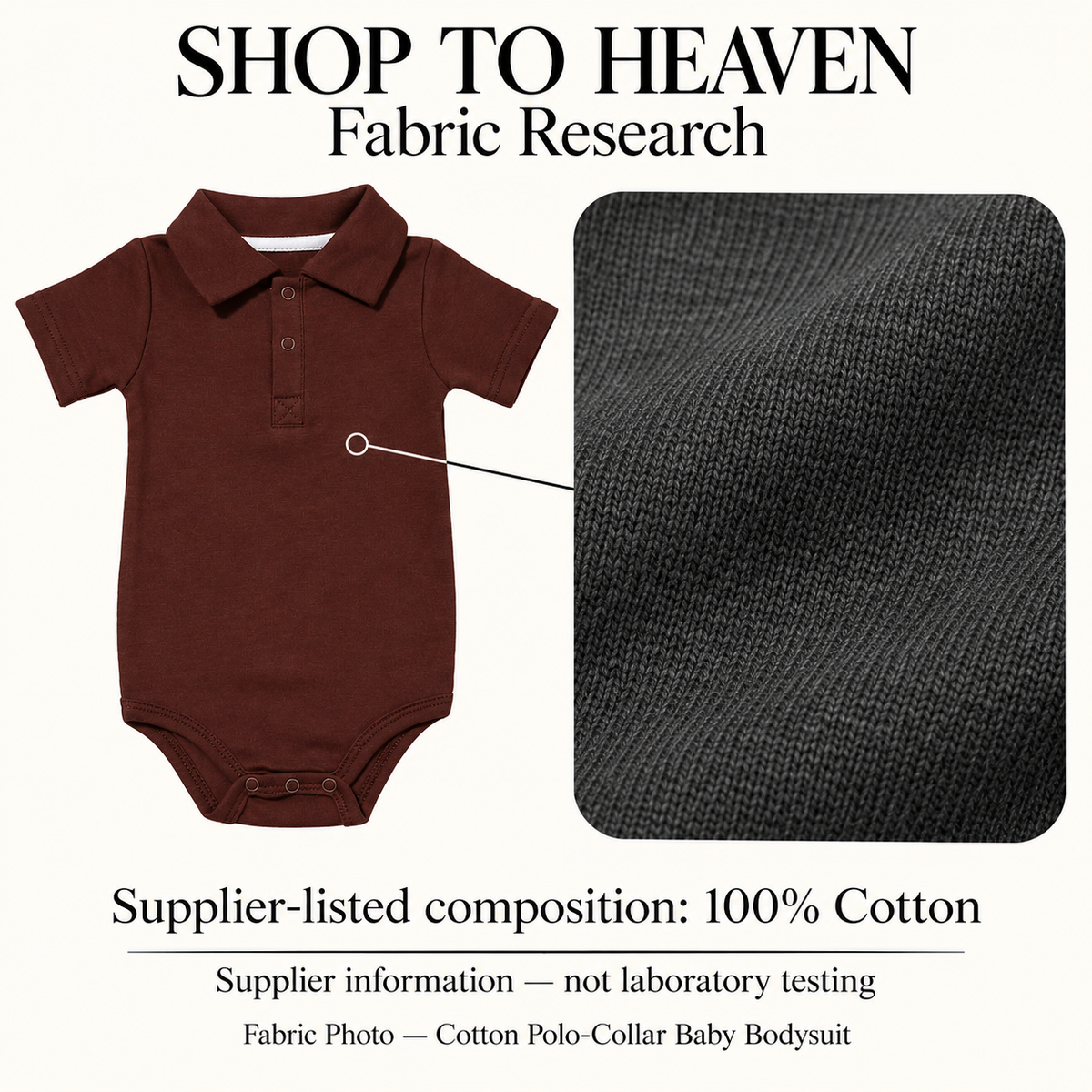 Fabric Research — Cotton Polo-Collar Baby Bodysuit | 3–24 months; supplier information, not laboratory testing