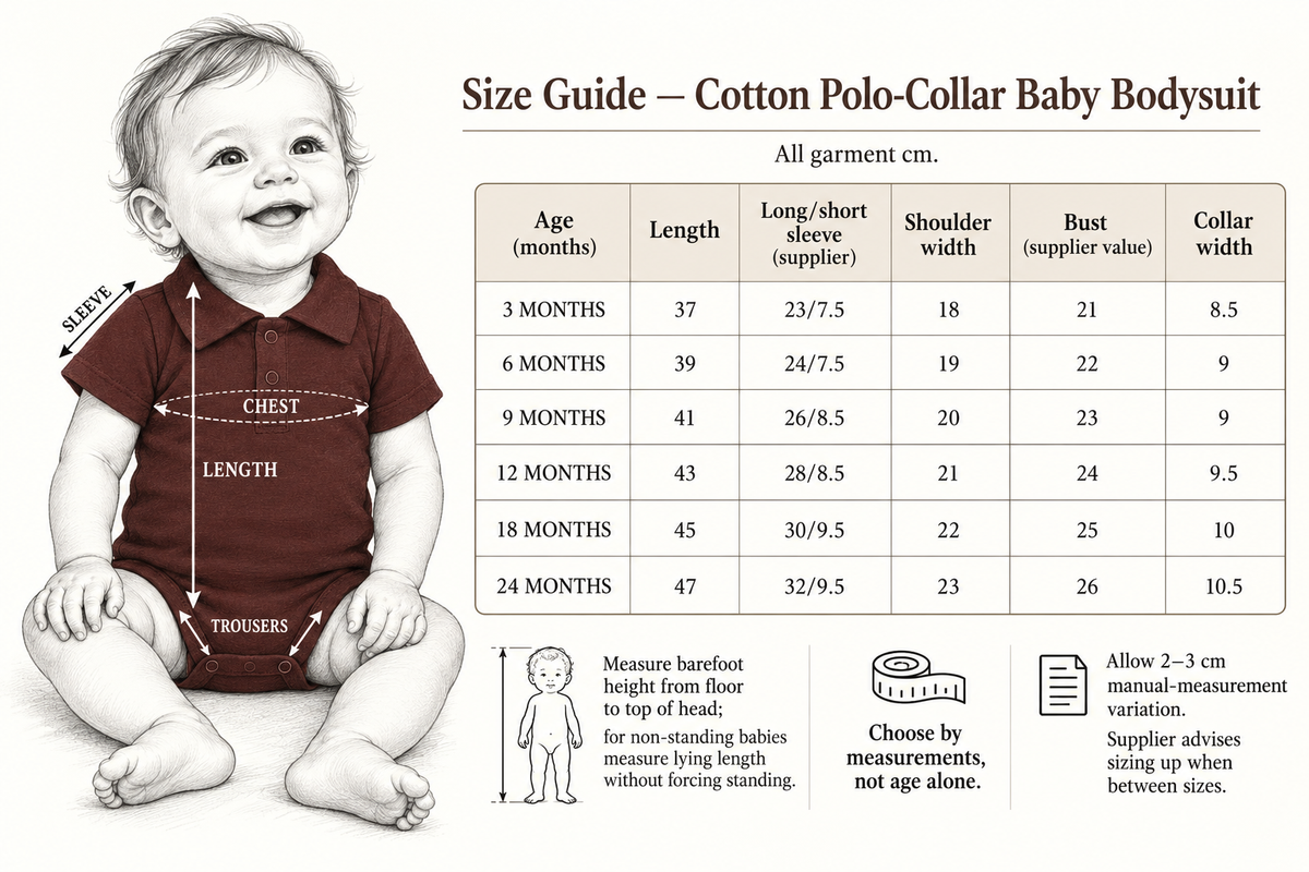 Size Guide — cm and months — Cotton Polo-Collar Baby Bodysuit | 3–24 months