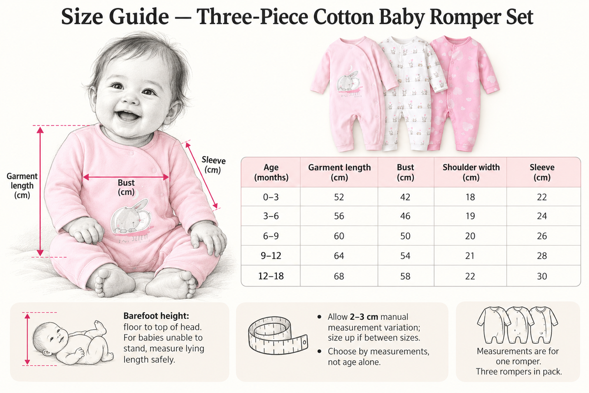 Size Guide — Three-Piece Cotton Baby Romper Set | 0–18 months; supplier measurements in cm, ages in months