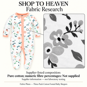 Fabric Research — Three-Pack Cotton Footed Baby Sleepers | 0–7 months; supplier information, not laboratory testing