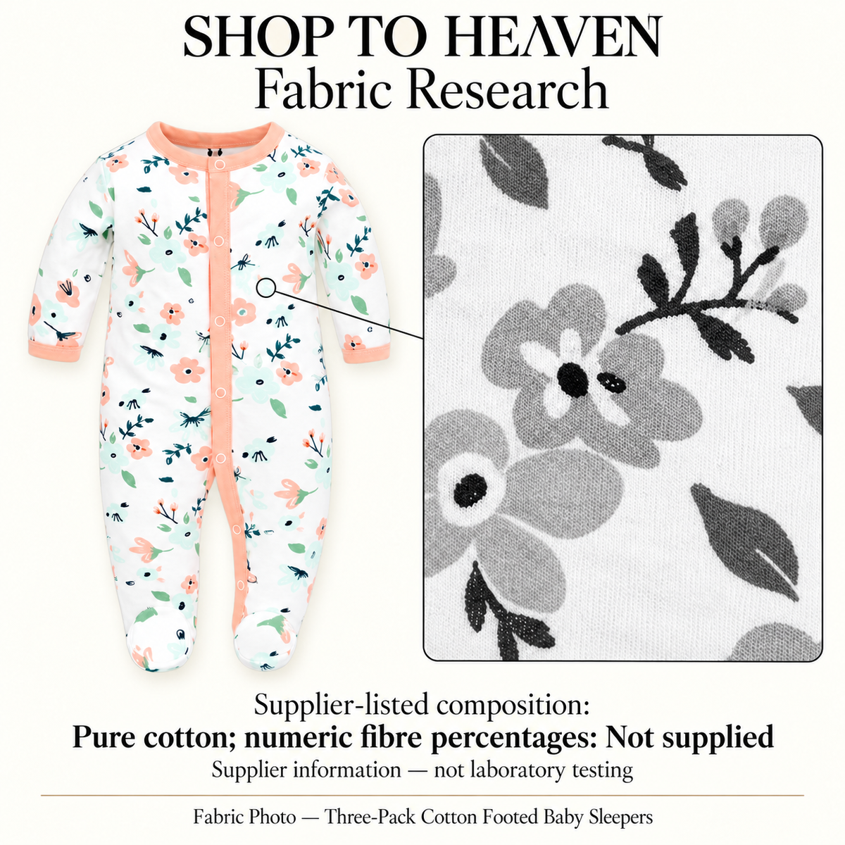 Fabric Research — Three-Pack Cotton Footed Baby Sleepers | 0–7 months; supplier information, not laboratory testing