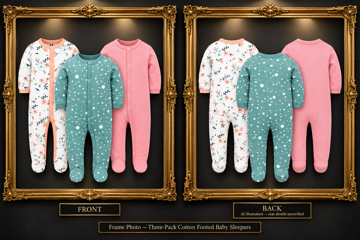 Front and back frame — Three-Pack Cotton Footed Baby Sleepers | 0–7 months