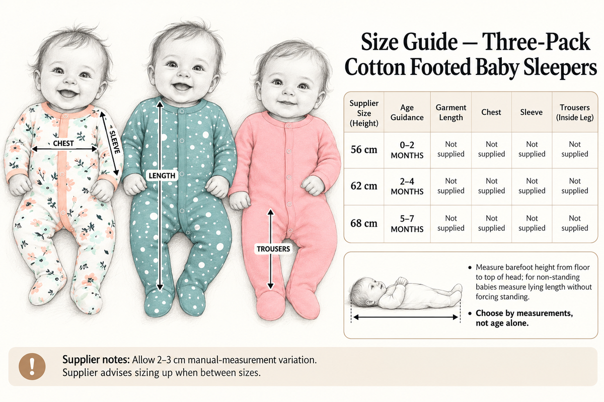 Size Guide — cm and months — Three-Pack Cotton Footed Baby Sleepers | 0–7 months
