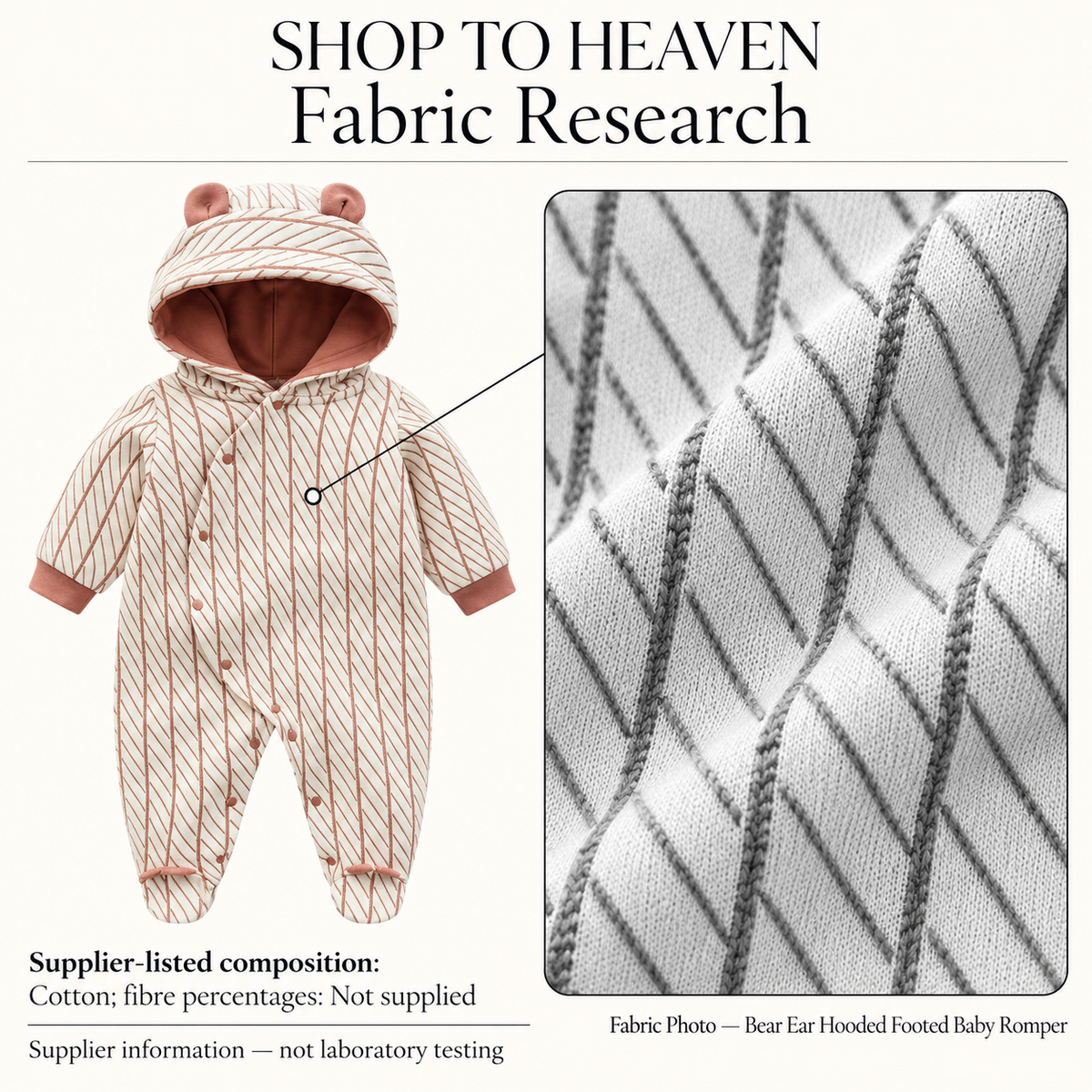 Fabric Research — Bear Ear Hooded Footed Baby Romper | 59–80 cm; supplier information, not laboratory testing