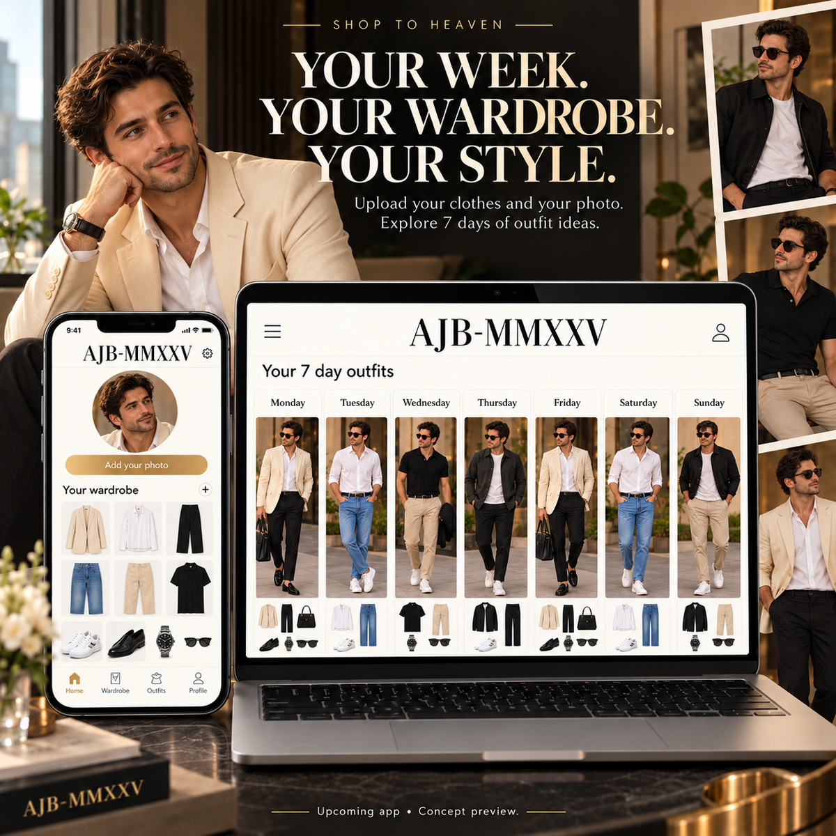 AJB-MMXXV men's app concept on mobile and laptop with seven daily outfit ideas.
