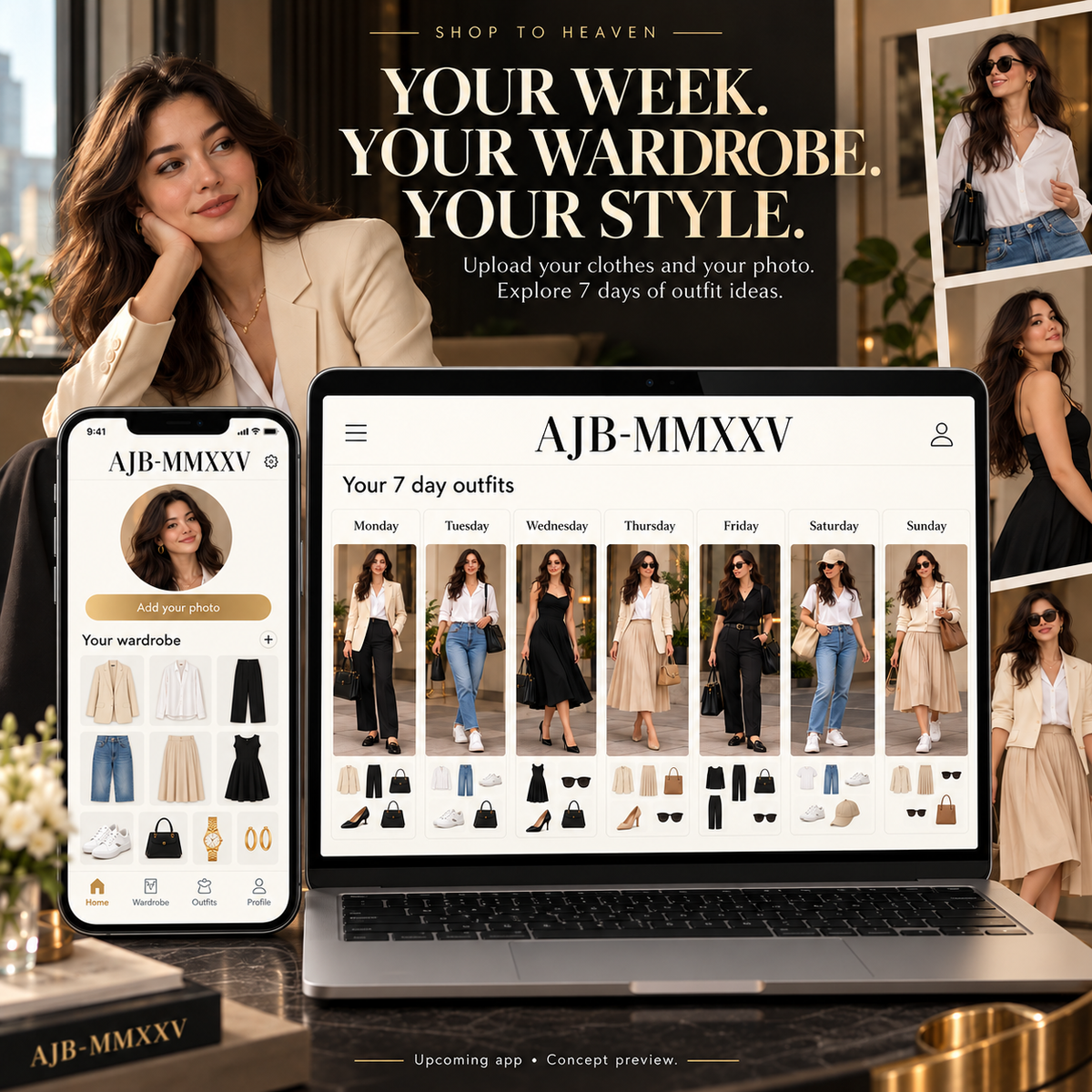 AJB-MMXXV upcoming app concept on mobile and laptop with photo upload and Monday to Sunday outfit ideas.