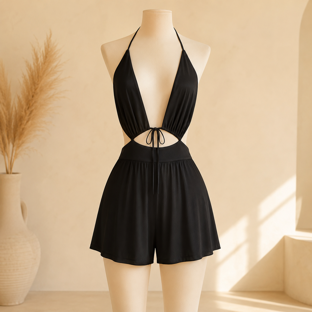 Black Backless Summer Romper main product photo in cream boutique setting