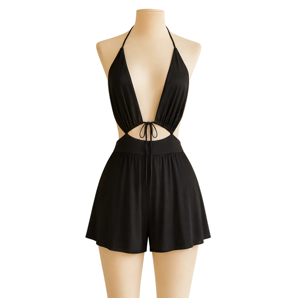 Black Backless Summer Romper main product photo in cream boutique setting