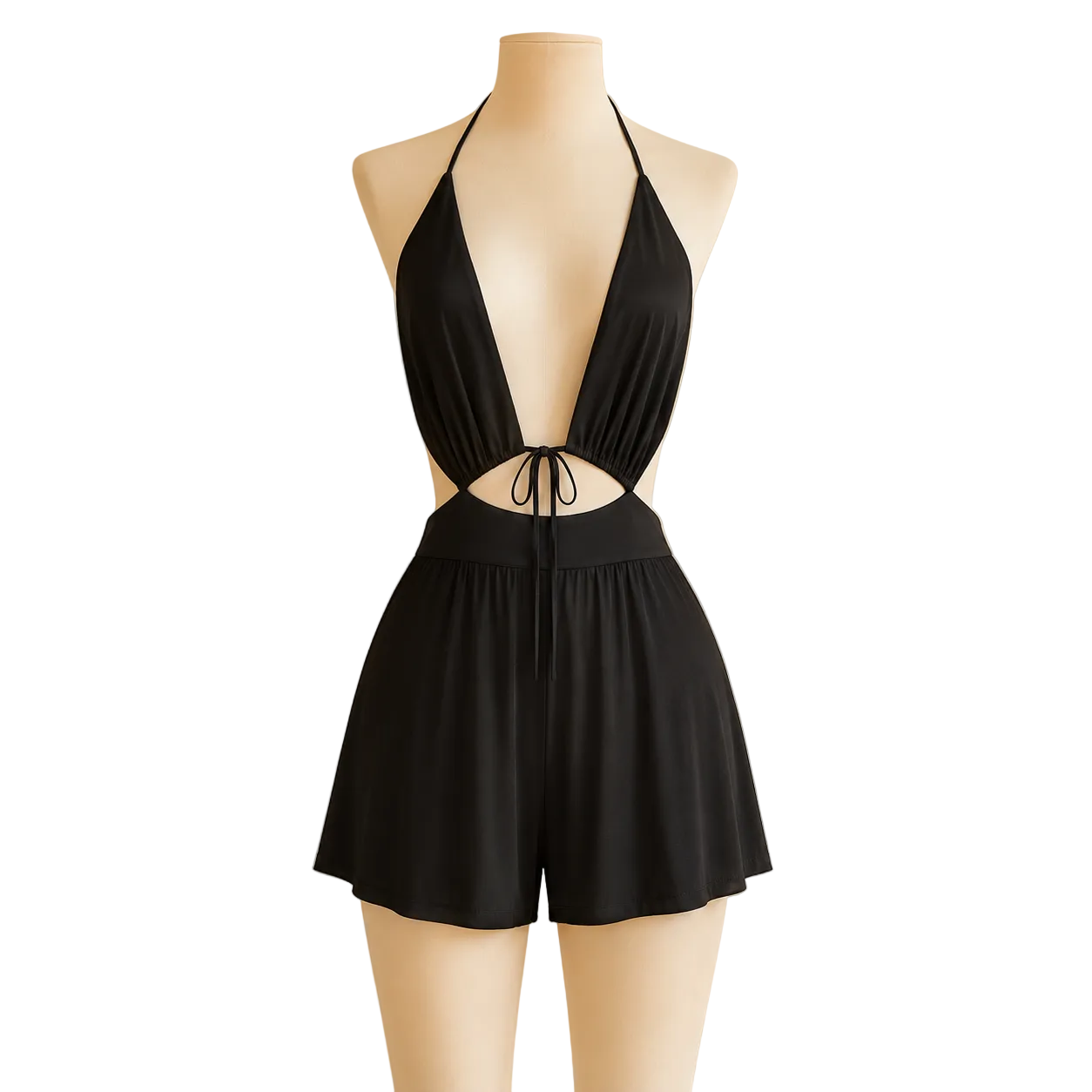 Black Backless Summer Romper main product photo in cream boutique setting