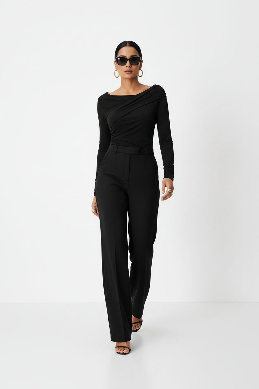 Black Fold-Detail Long Sleeve Top