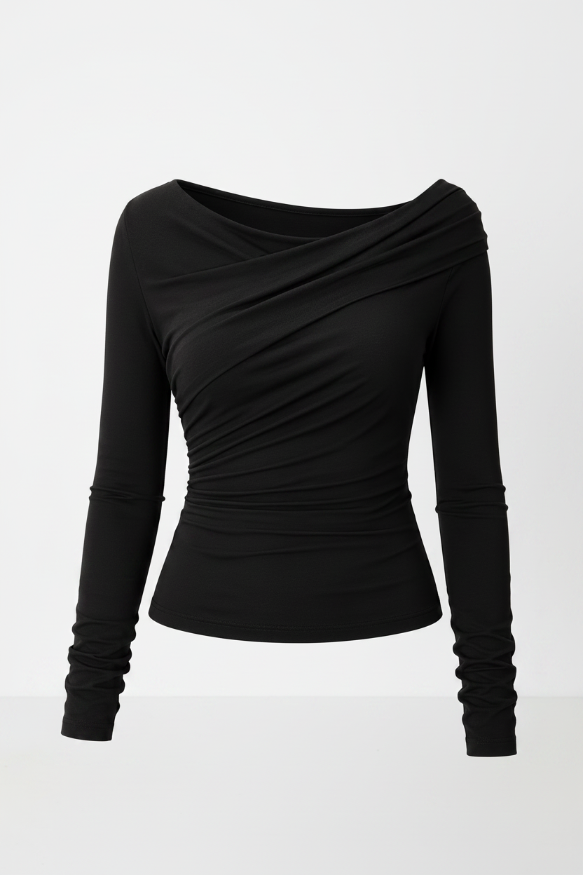 A black long-sleeve top with an asymmetrical draped neckline and ruched detailing, shown on a plain light gray background.