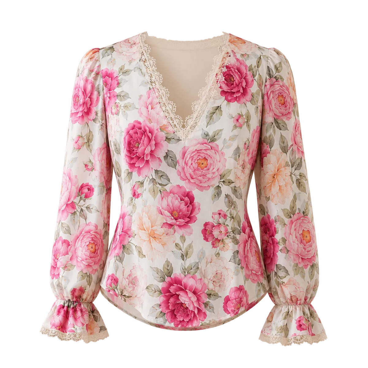 Women's Lace-Trim Floral V-Neck Blouse